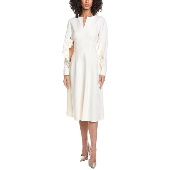 Oscar De La Renta WomensFloral Detail Silk-Lined Wool-Blend Midi Dress White